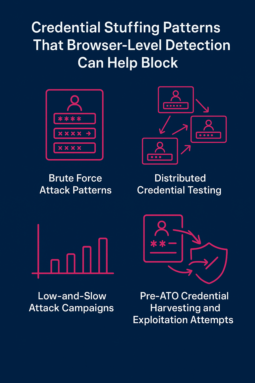 Infographic showing credential stuffing attack patterns that browser-level signals help block: brute force attacks, distributed credential testing, low-and-slow campaigns, and pre-ATO credential exploitation attempts.