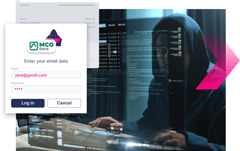 A person in a dark hoodie sits at a desk with multiple monitors, while a phishing login form for "MCO Bank" is displayed in the foreground—highlighting the need to stop more ATOs.