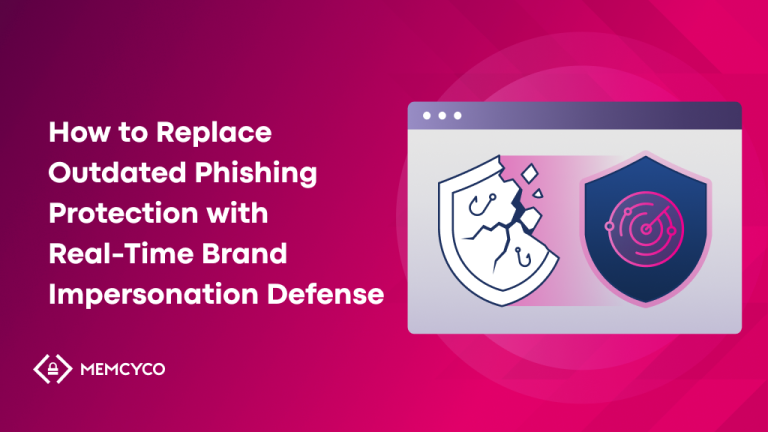 A graphic with text highlighting the shift from outdated phishing protection to real-time brand impersonation defense, featuring shield icons on a stylized browser window.