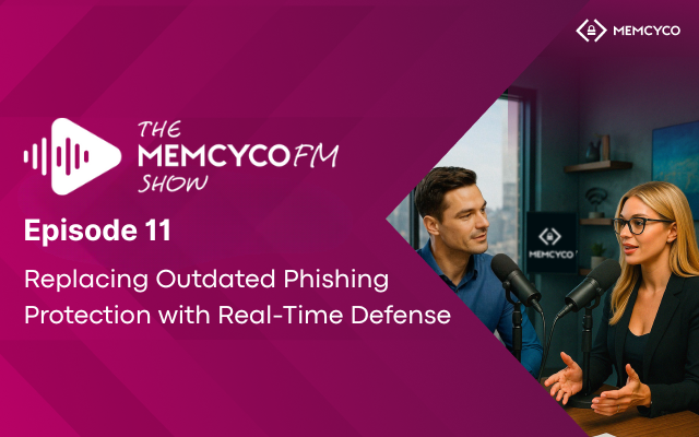 Two hosts speak into microphones in a modern studio for The Memcyco FM Show: Episode 11, diving into real-time defense against phishing.